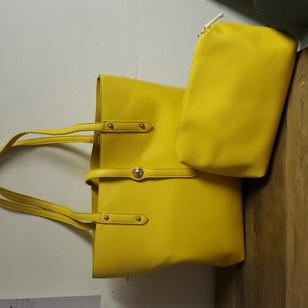 NEW 2 pc. Yellow faux leather tote bag and makeup bag